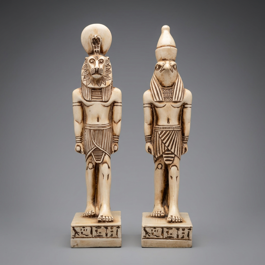 Pair of Egyptian cream-colored resin statuettes on hieroglyph-inscribed plinths: lioness-headed Sekhmet with sun disk on the left and falcon-headed Horus wearing the pschent double crown on the right