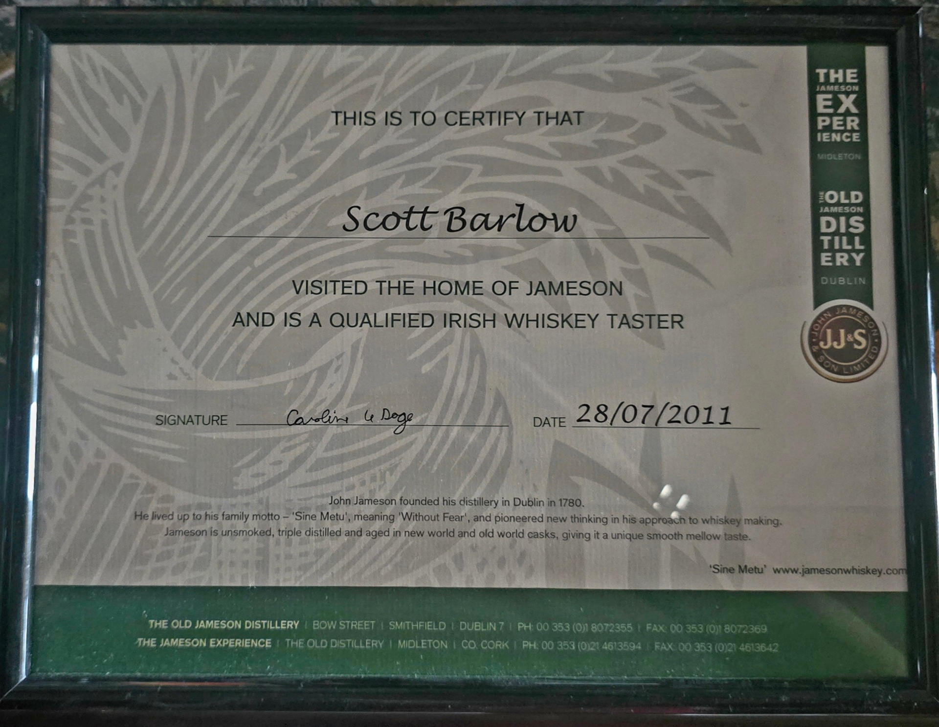 Jameson Irish Whiskey Taster certificate awarded to Scott Barlow