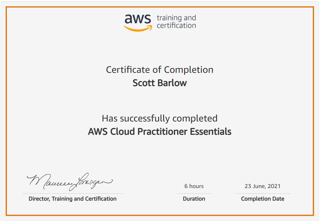 AWS Cloud Practitioner Essentials Certificate of Completion awarded to Scott Barlow