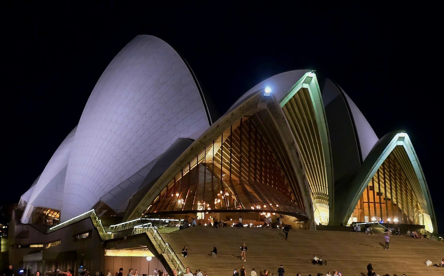 The iconic Sydney Opera House illuminated beautifully at night