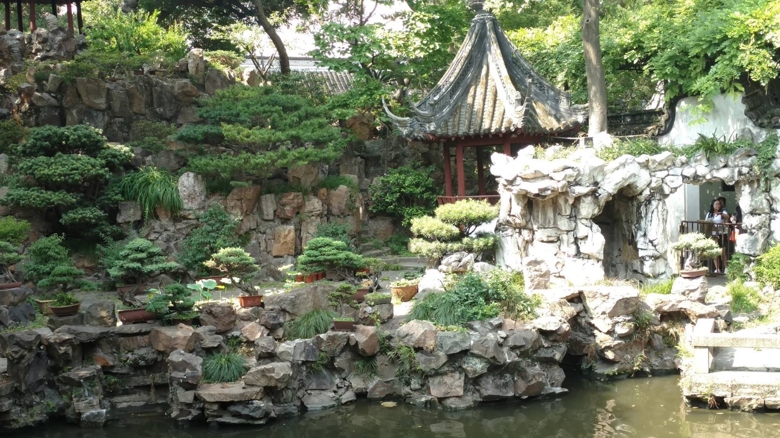 Rock garden, water, and pavilion details