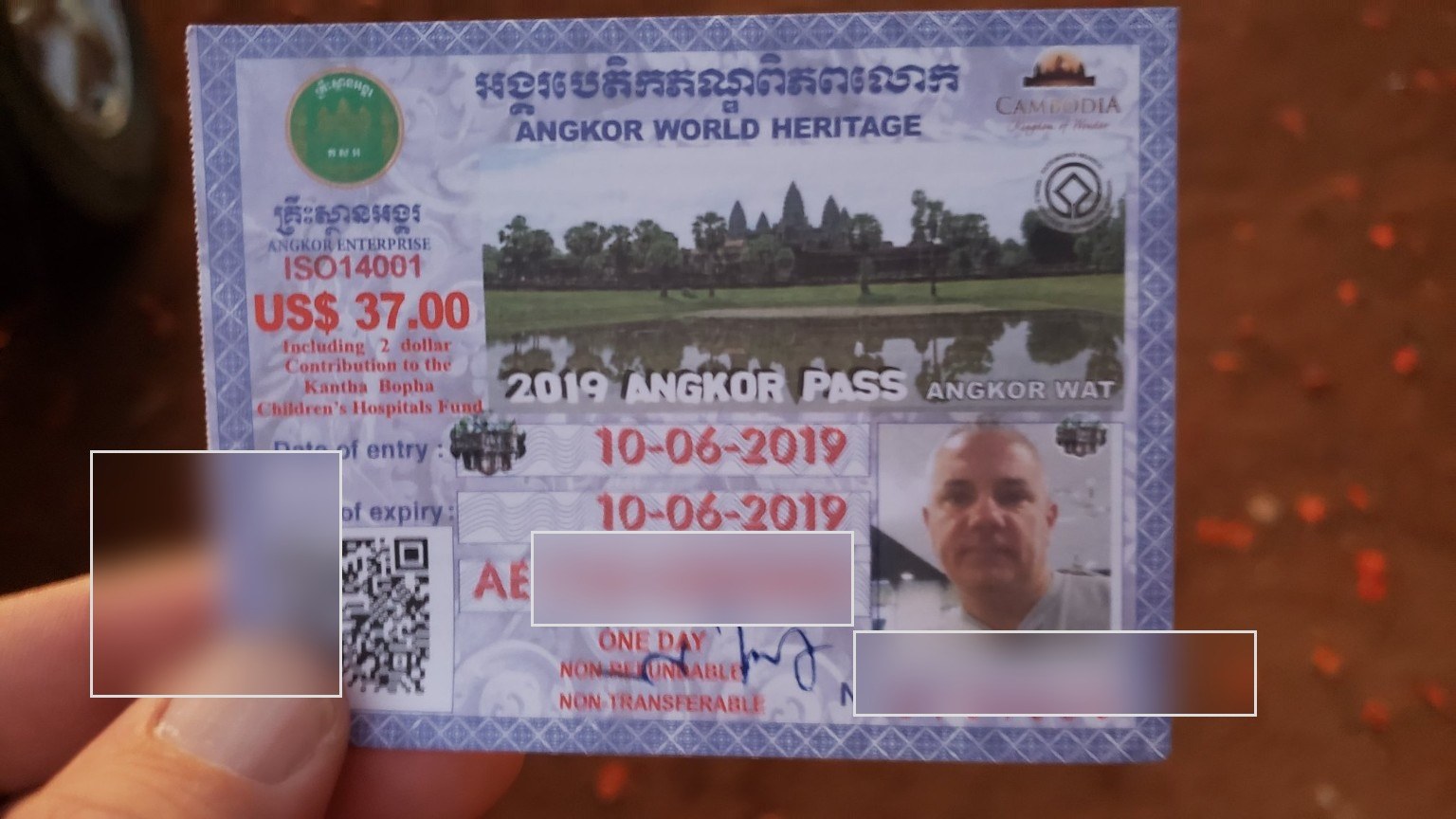 A 2019 Angkor Archaeological Park one-day pass with the QR code and serial number redacted