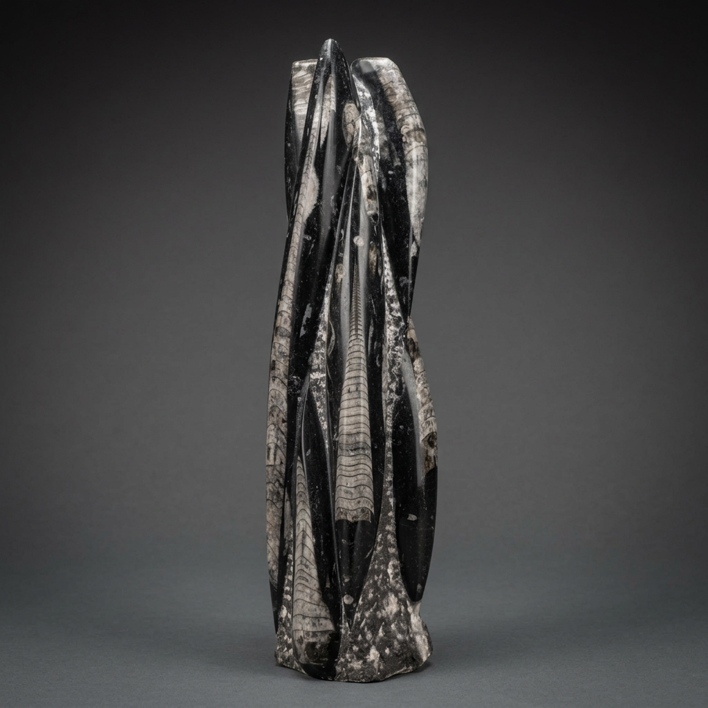 Polished orthoceras fossil sculpture with cephalopod shells in black limestone