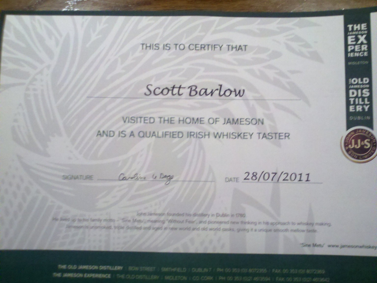 Certified Irish whiskey taster certificate at the Jameson Distillery in Dublin