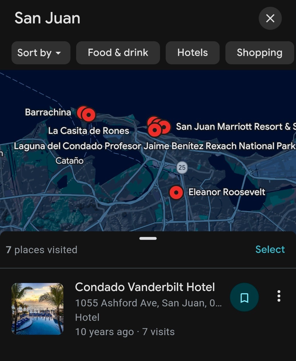 Google Maps screenshot of visited places in San Juan, Puerto Rico