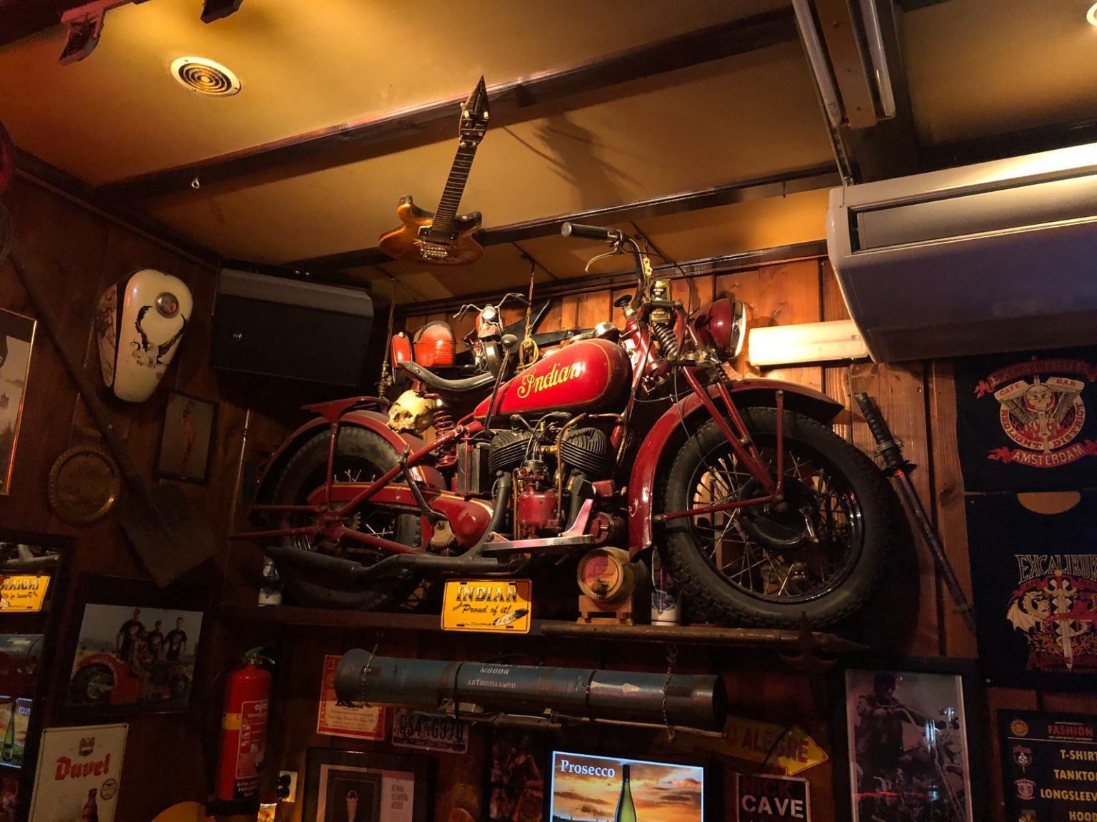Vintage Indian motorcycle inside an Amsterdam bar