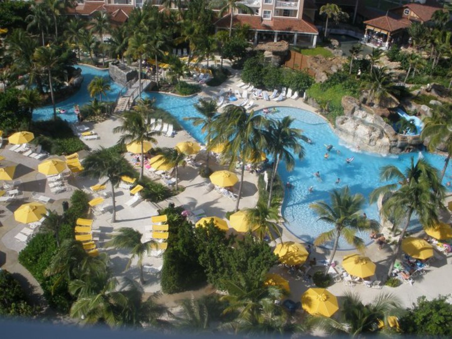 Aerial view of Aruba resort pools, palms, and yellow umbrellas