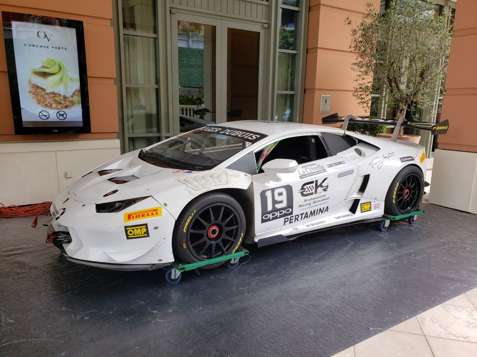 A Lamborghini race car on display