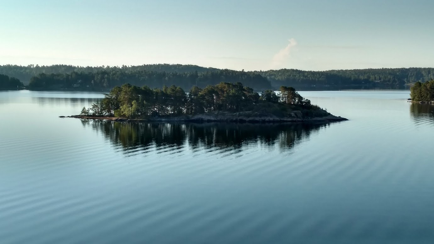 Baltic archipelago view of small rocky islands and pine trees