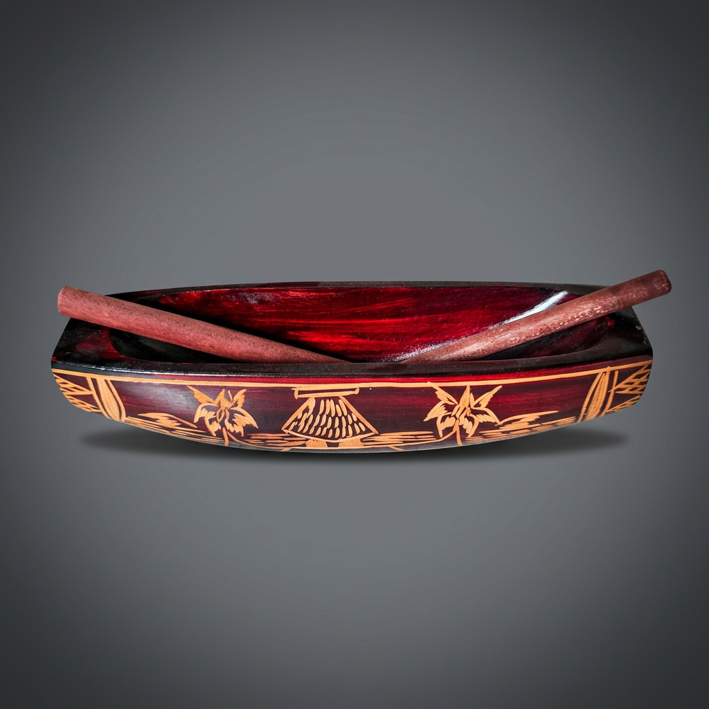 Miniature Fijian carved wooden canoe (camakau) in deep red stain with two wooden paddles and pyro-engraved motifs of thatched bures and palms