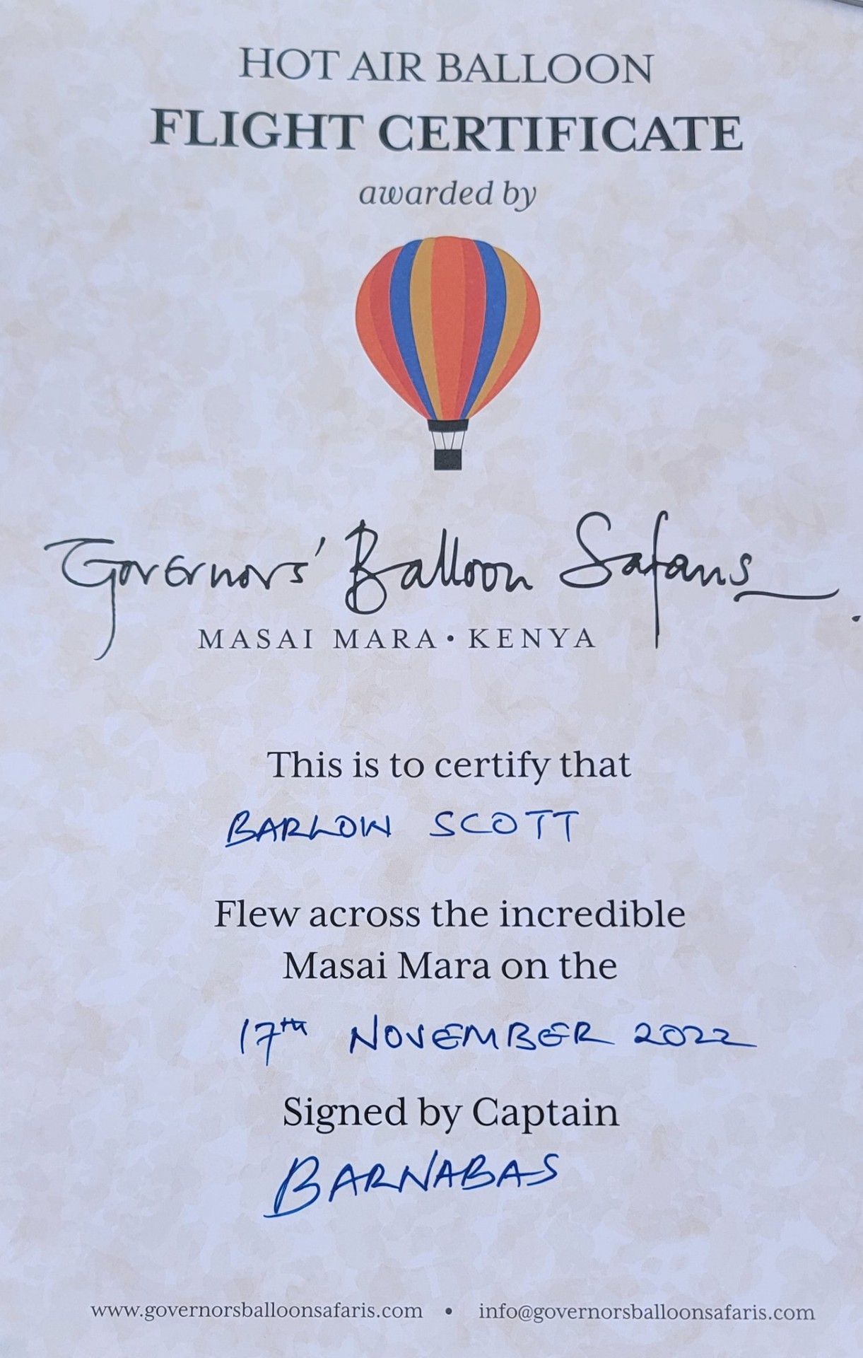 Hot Air Balloon Flight Certificate from Governors' Balloon Safaris, Masai Mara, Kenya