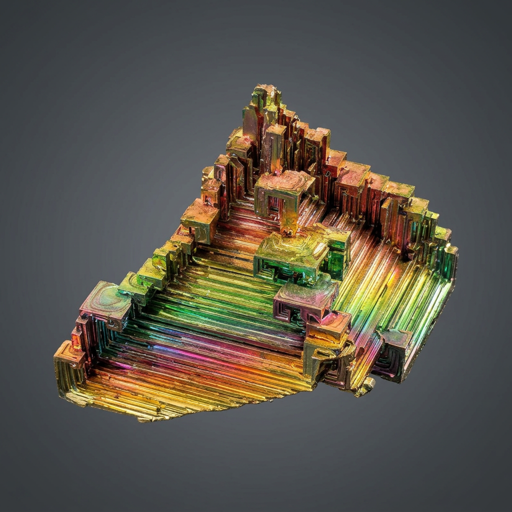 Iridescent bismuth crystal with stair-stepped hopper growth