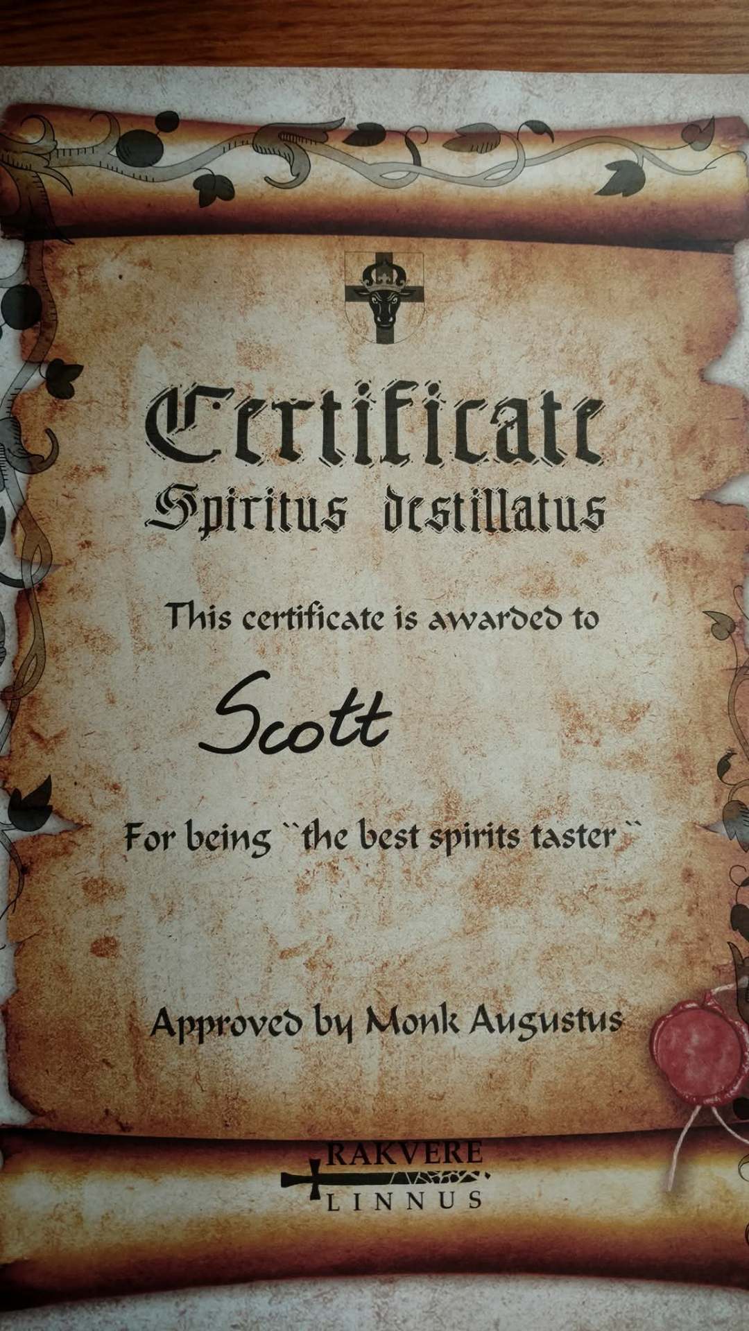 Spiritus Destillatus certificate from Rakvere Castle, Estonia