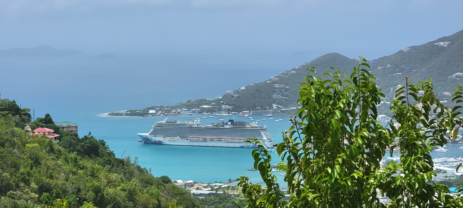 Wide panoramic view over Basseterre, harbor, and hills