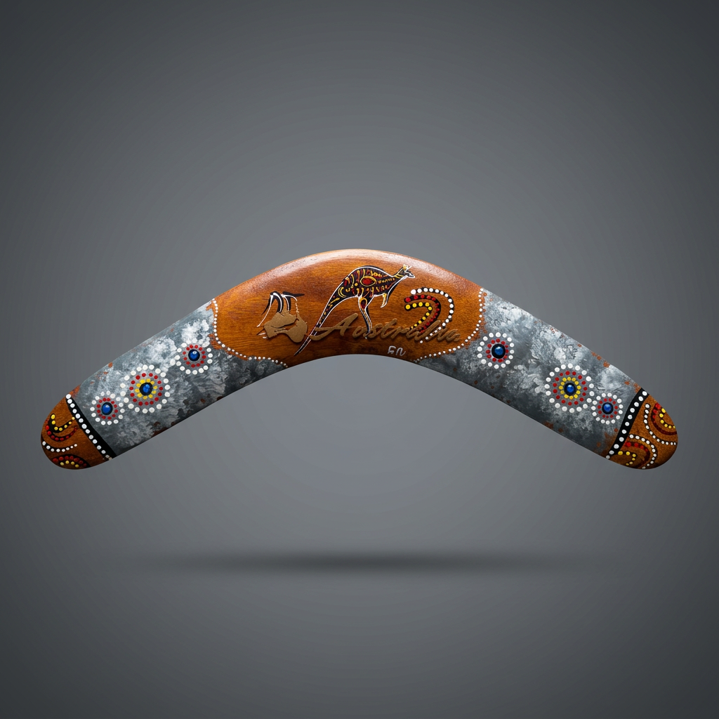 Australian hand-painted wooden boomerang with Aboriginal dot-work designs in white, red, yellow and blue, a kangaroo motif and silver metallic overlay