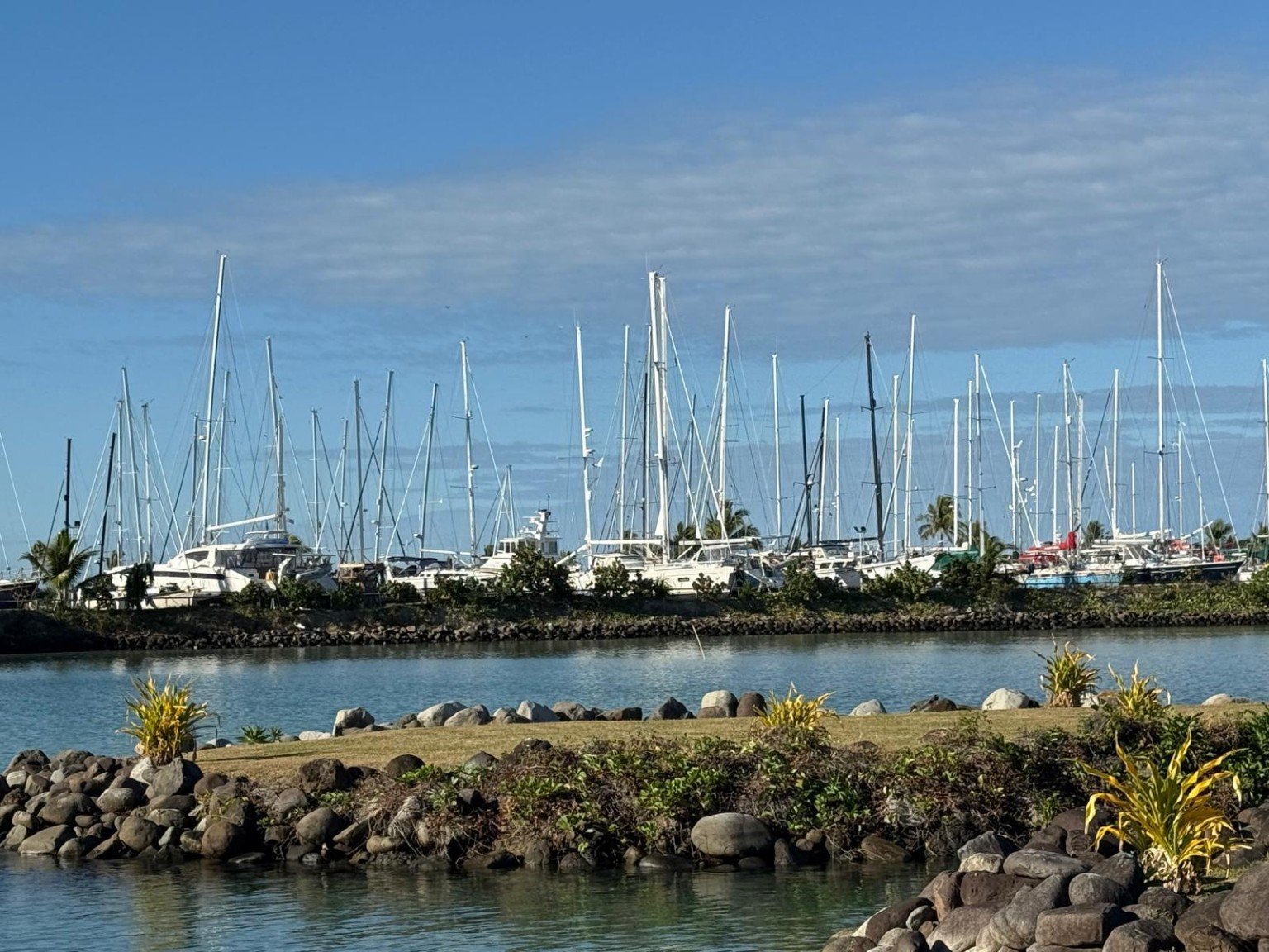 Quiet marina view in Fiji at dusk