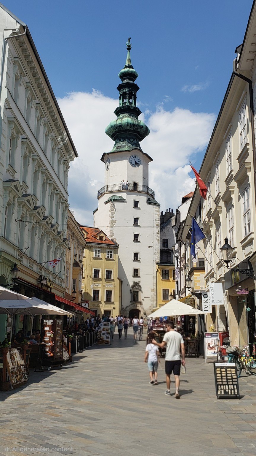 Michael's Gate, the medieval gateway into Bratislava's Old Town with its green copper tower rising above a narrow street