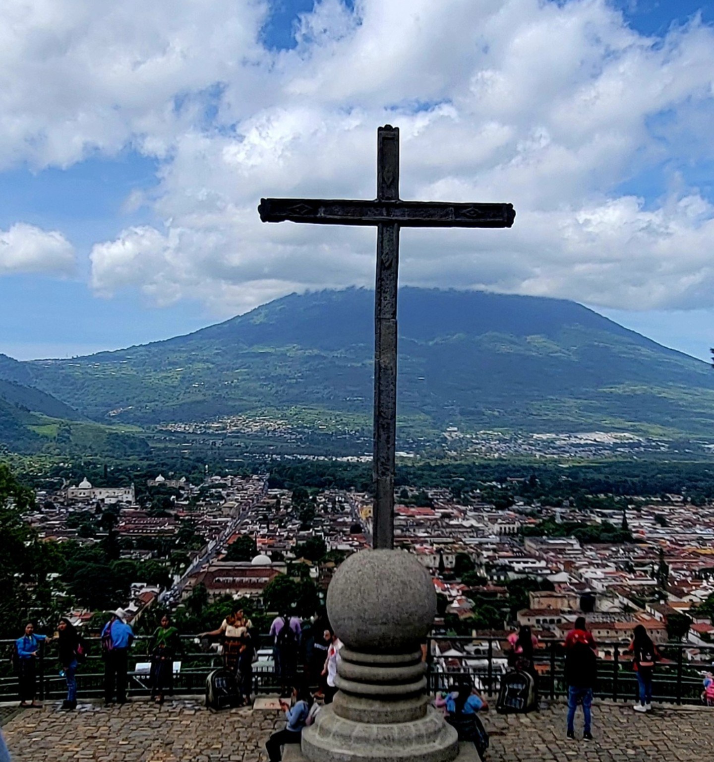 Iron cross at Cerro de la Cruz overlooking Antigua and Volcán de Agua