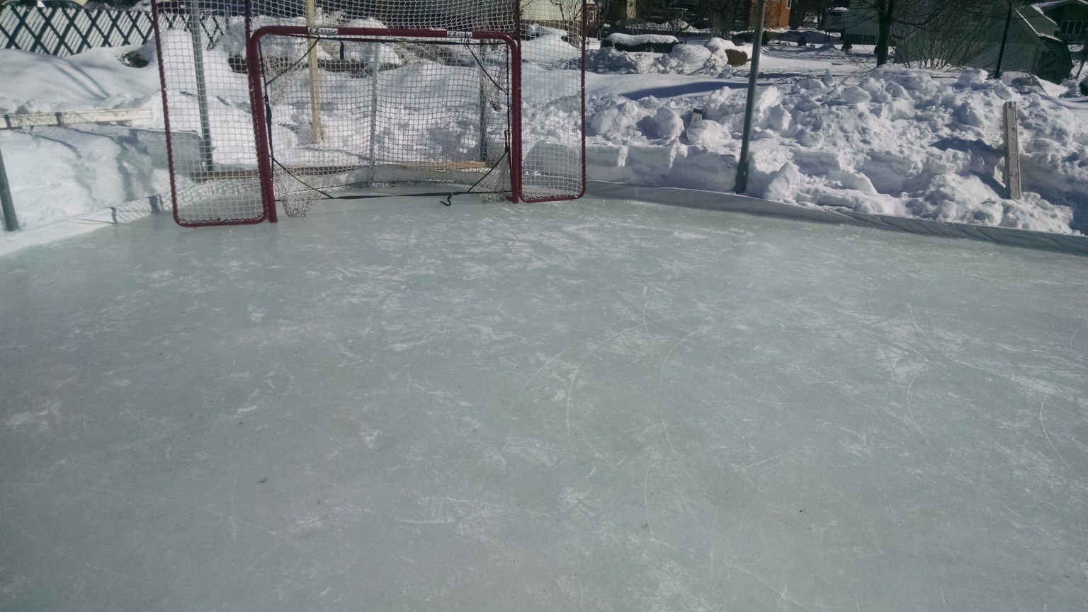 Backyard rink ice covered in puck marks