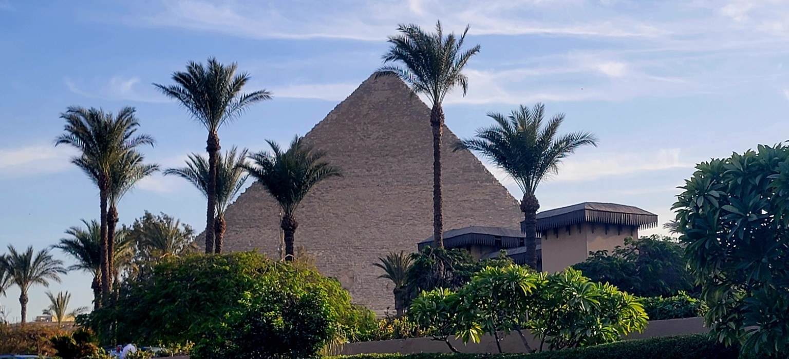 View of the Great Pyramid of Giza from a balcony at the Marriott Mena House