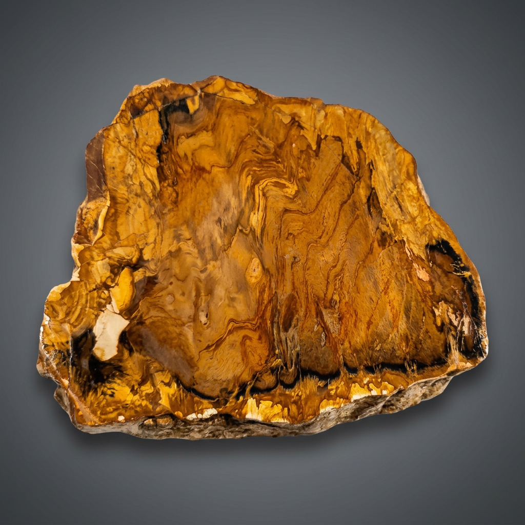 Polished slice of fossilized petrified wood from Queensland, Australia, showing amber, ochre, cream, and dark brown grain