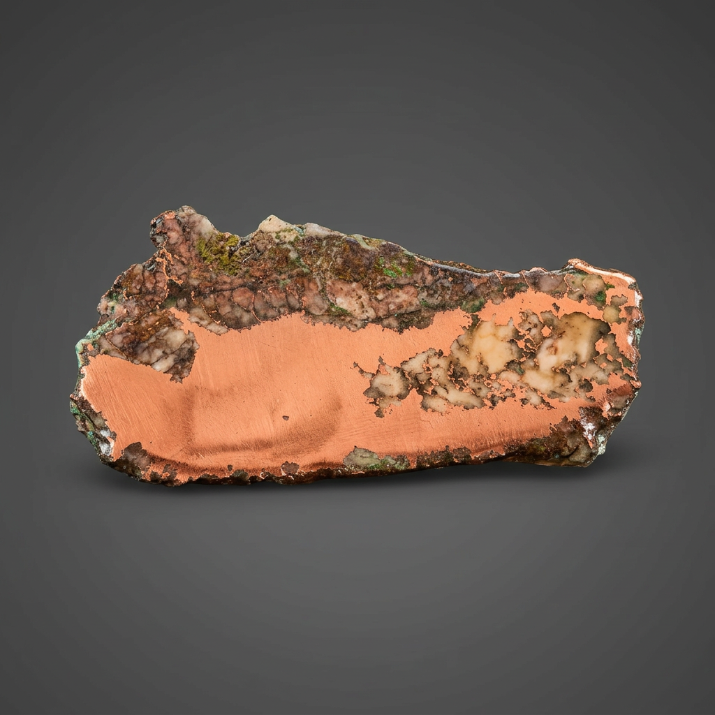 Native copper specimen with bright metallic face and oxidized edges