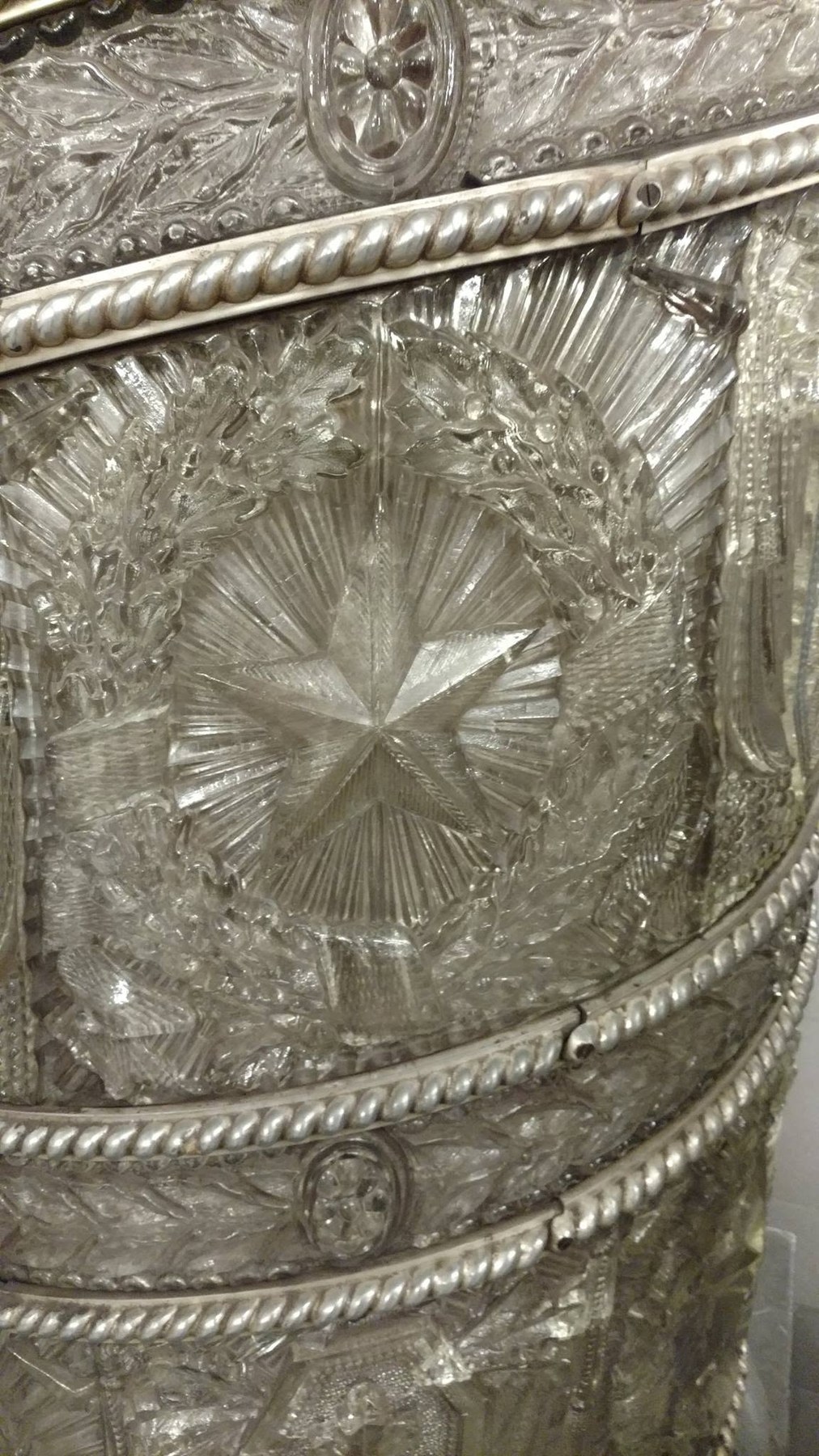 Glass and carved detail inside the St. Petersburg metro