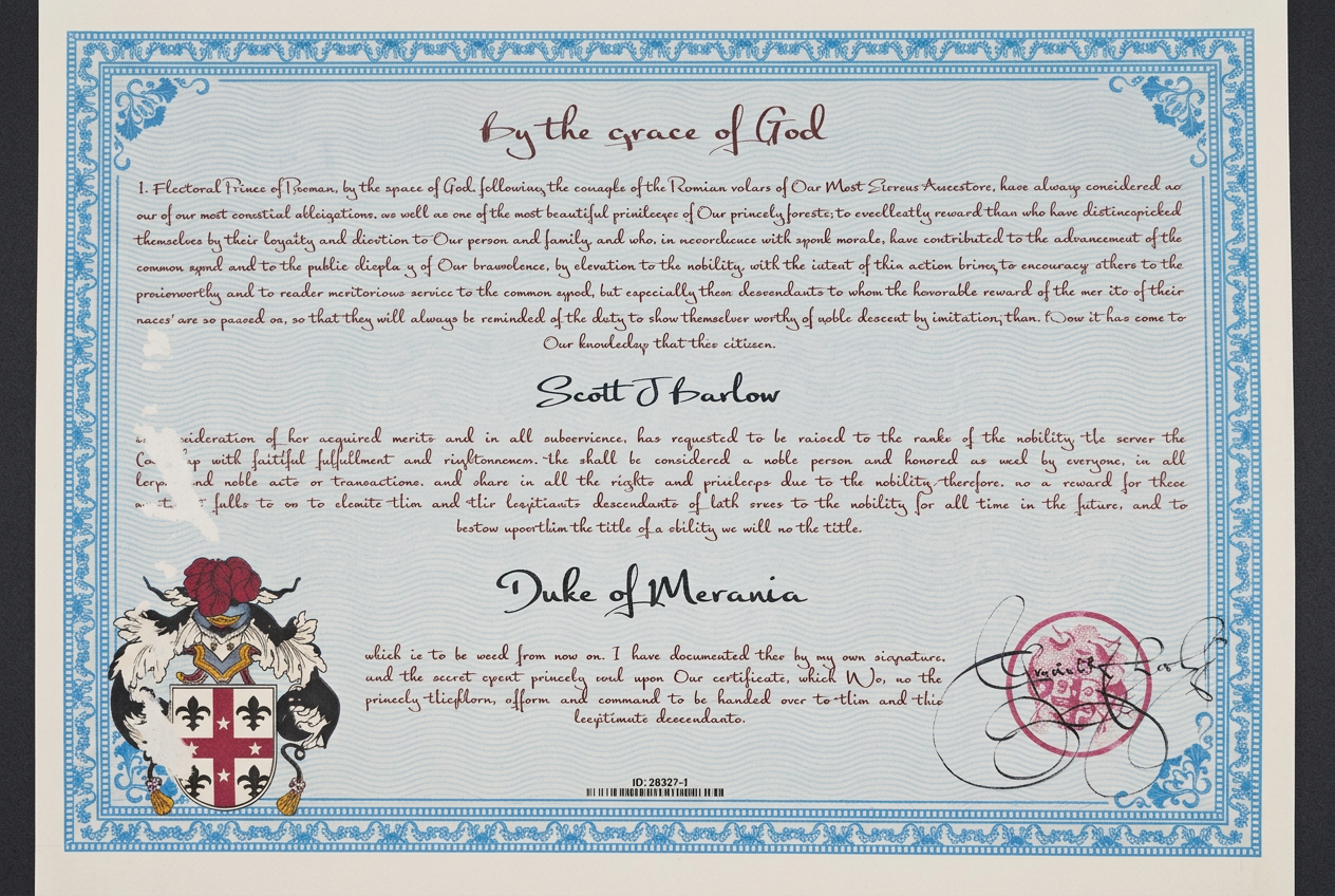 Letters patent elevating Scott J Barlow to the title of Duke of Merania