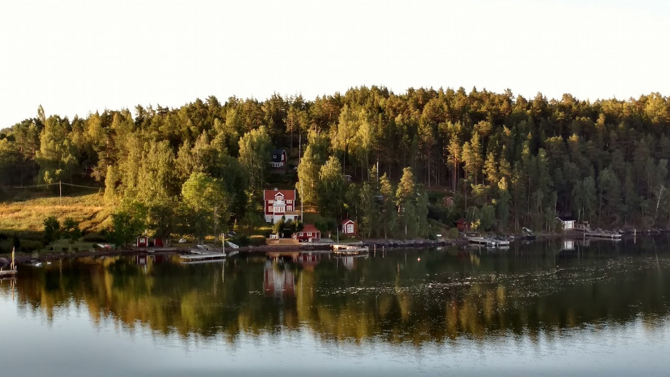 A quiet Finnish shoreline with red cottages, evergreen forest and still water