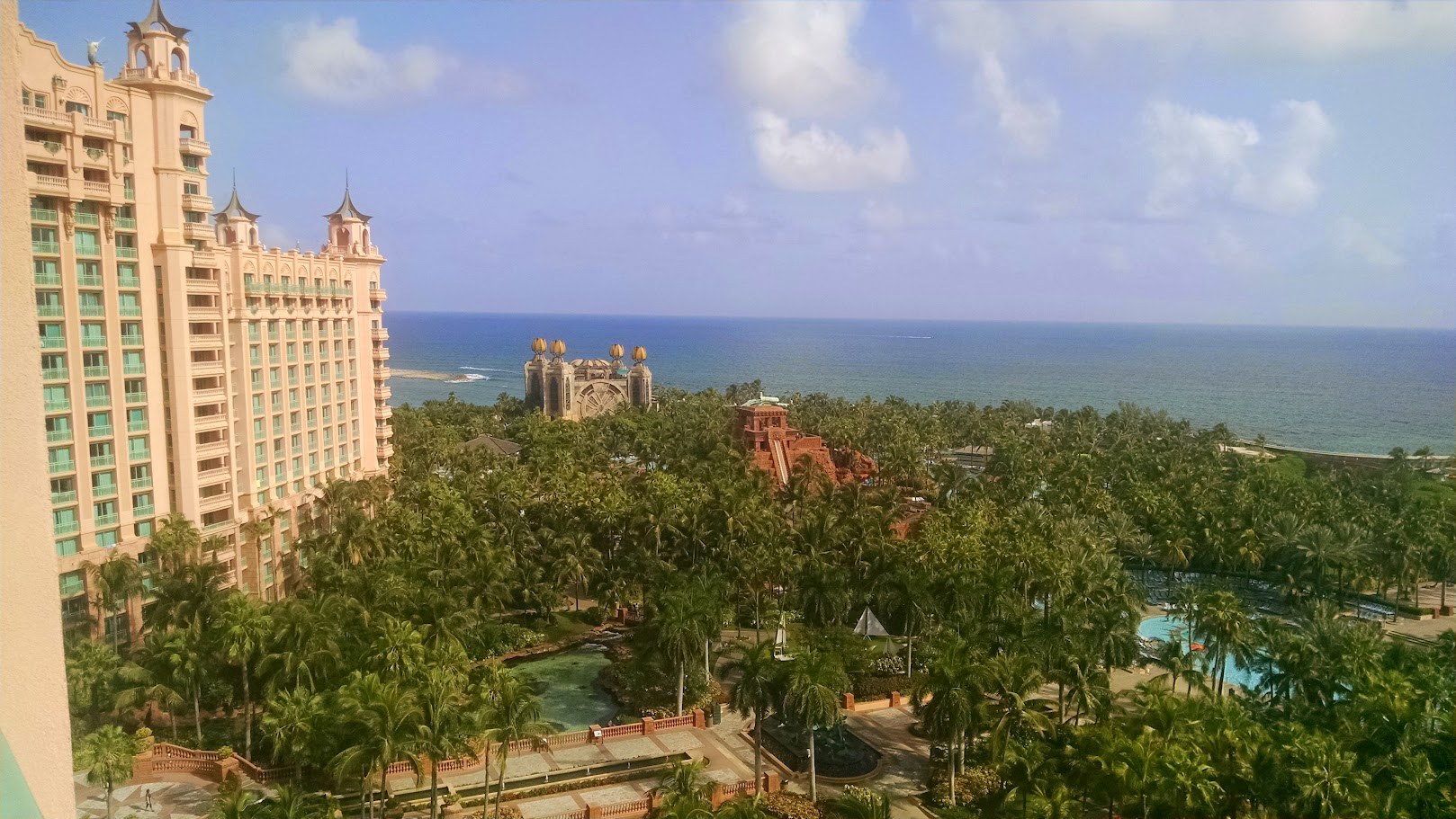 The view from the room, with Aquaventure and the Atlantic tucked into the same frame.