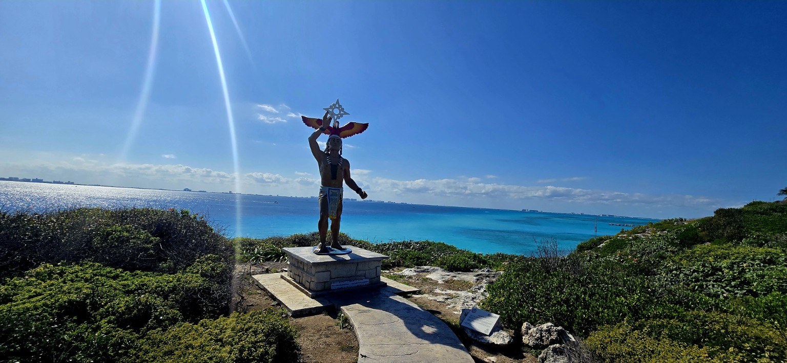 Sunlit statue overlook near Punta Sur on Isla Mujeres