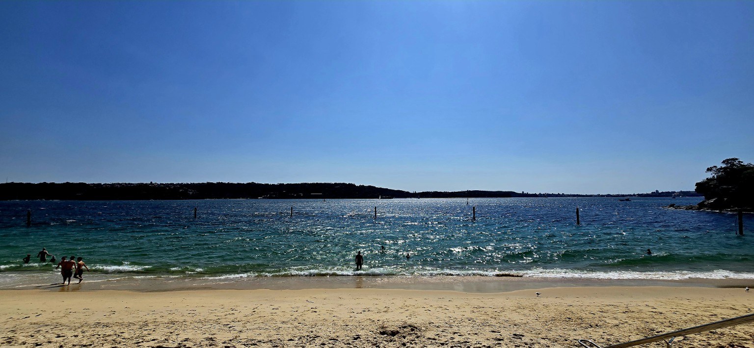 Coogee Beach from a clifftop, with turquoise water and golden sand