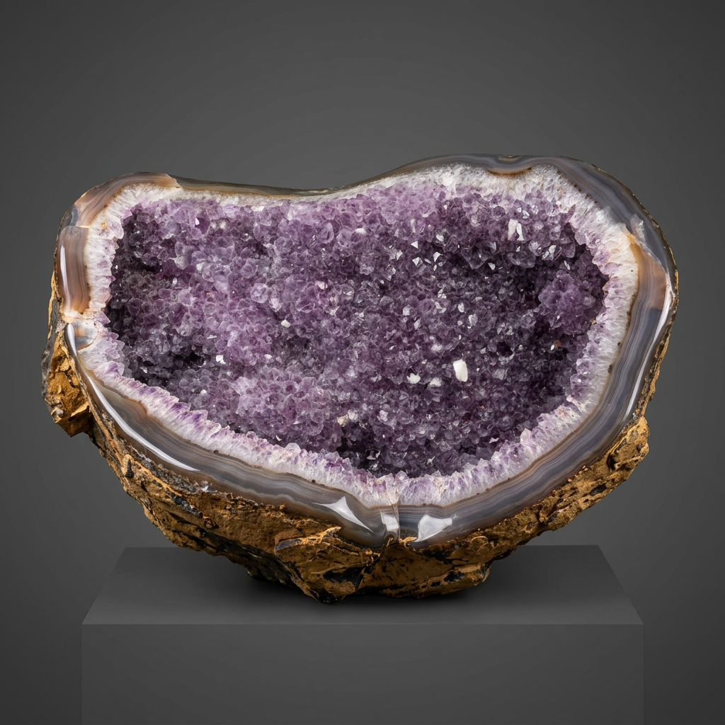 Large amethyst geode cathedral with deep purple crystal druzy and gray agate rim
