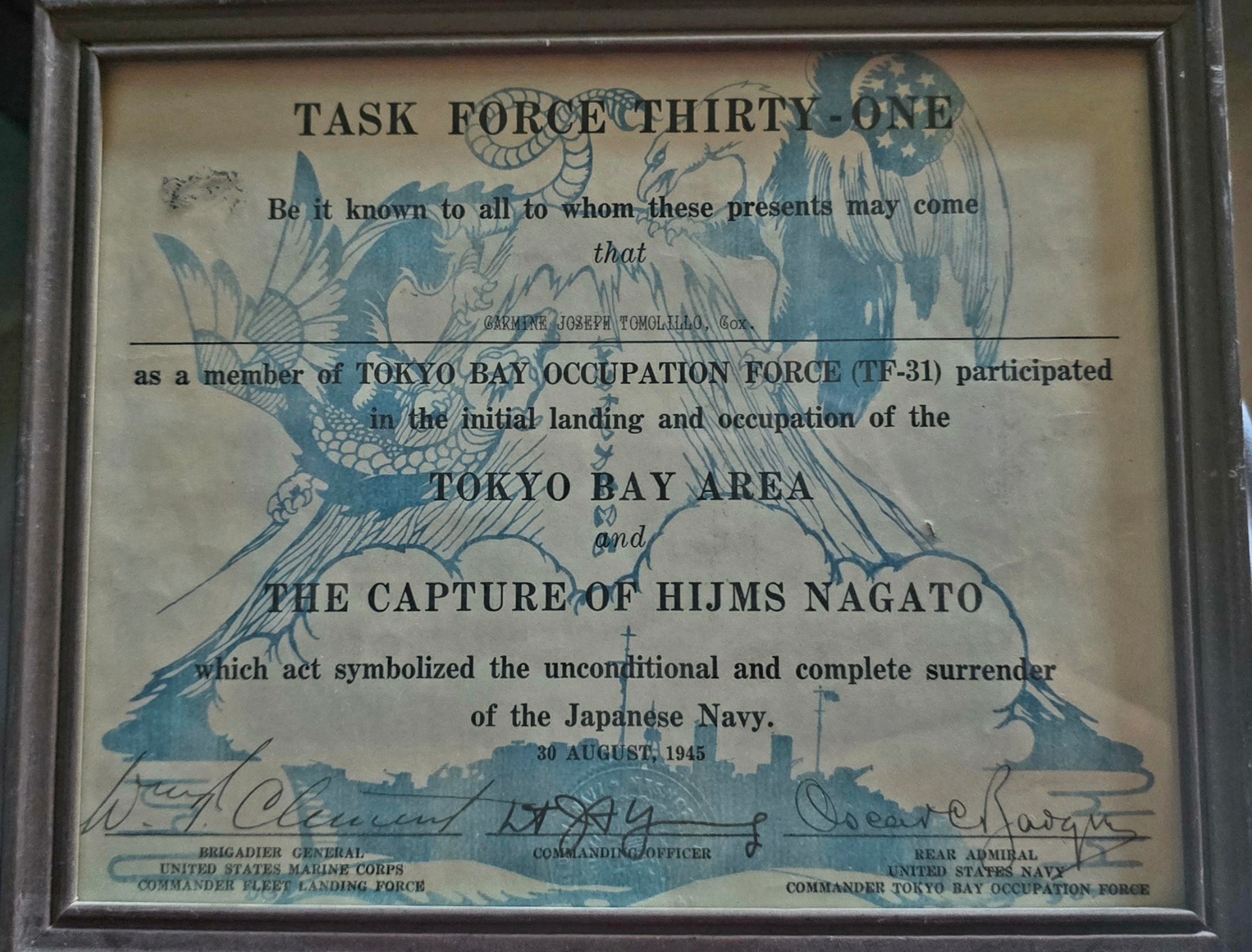 Task Force Thirty-One Tokyo Bay Occupation Force plaque awarded to Carmine Joseph Tomolillo