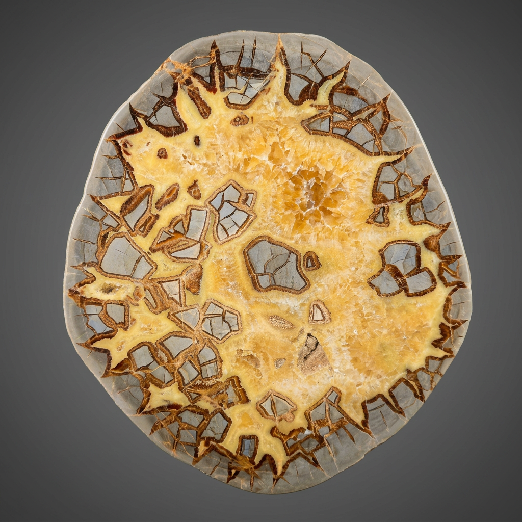 Polished septarian nodule showing yellow calcite and brown mineral cracks