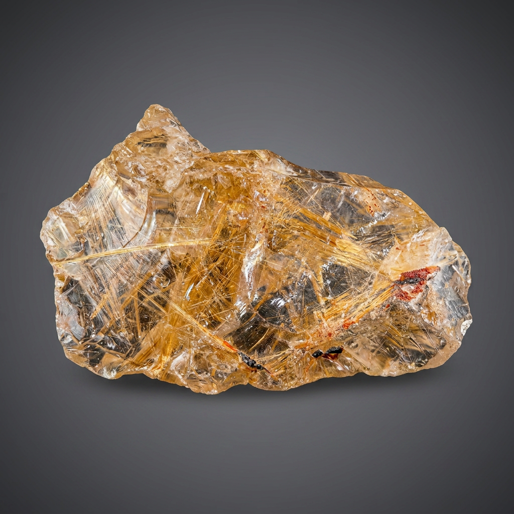 Rutilated quartz crystal with golden rutile needle inclusions