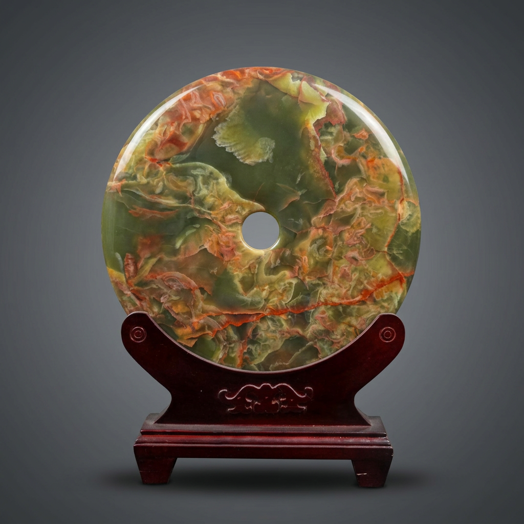 Polished green and orange jade bi disc on a carved rosewood stand