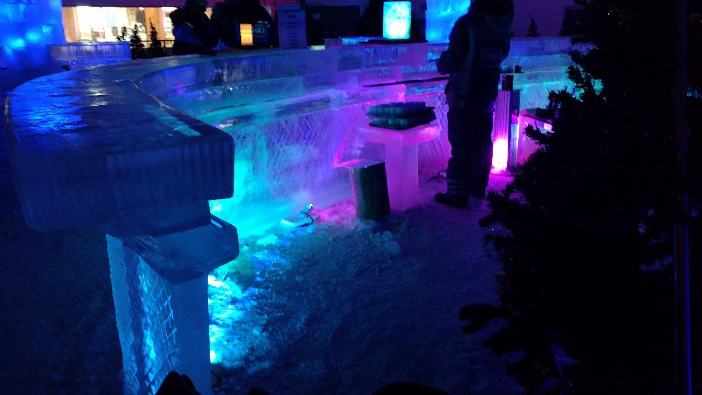 Neon-lit ice bar in Helsinki