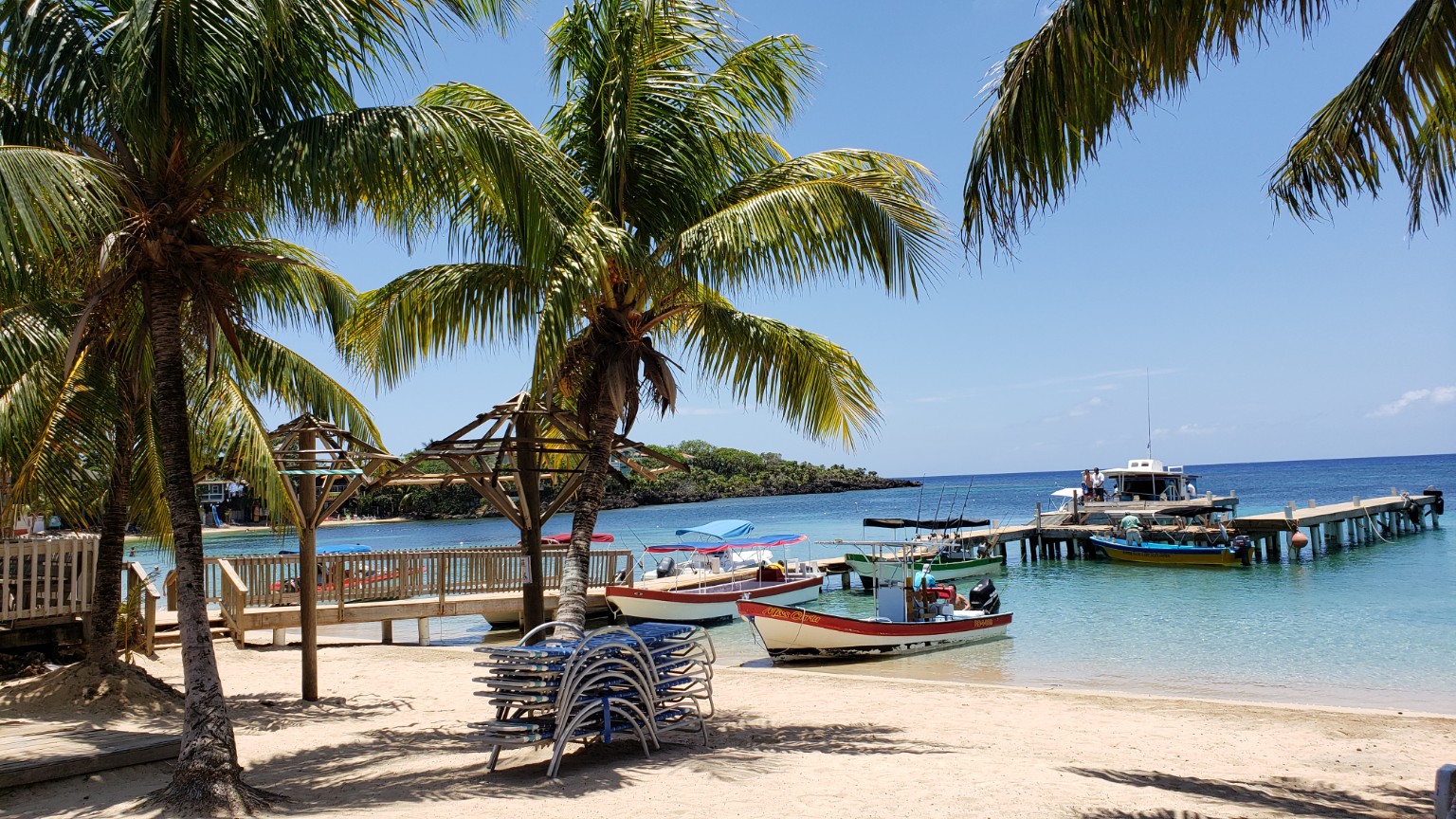 Palm-framed beach and boats in Roatán
