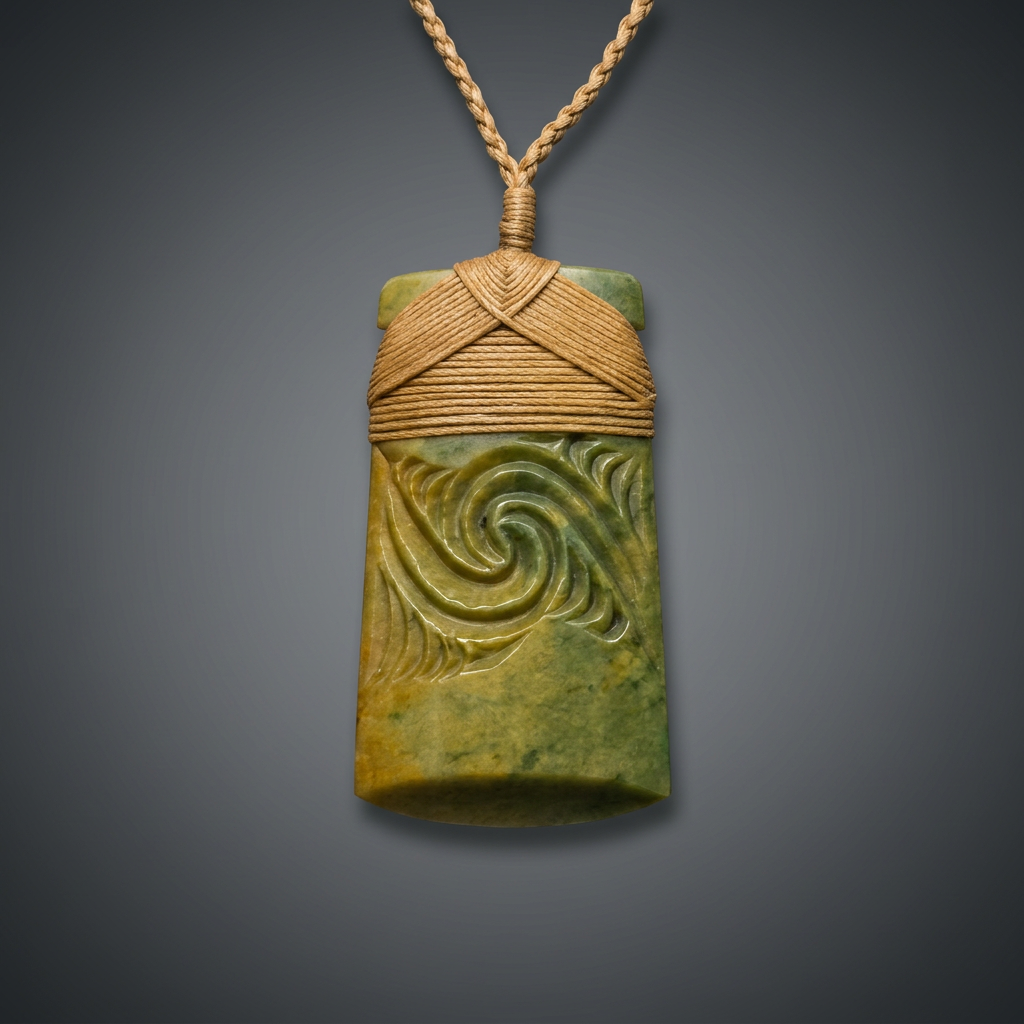 New Zealand greenstone Toki pendant with carved spiral detail and traditional tan cord binding