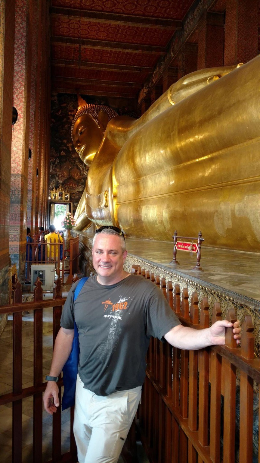 The Reclining Buddha's massive foot covered in detailed mother-of-pearl designs