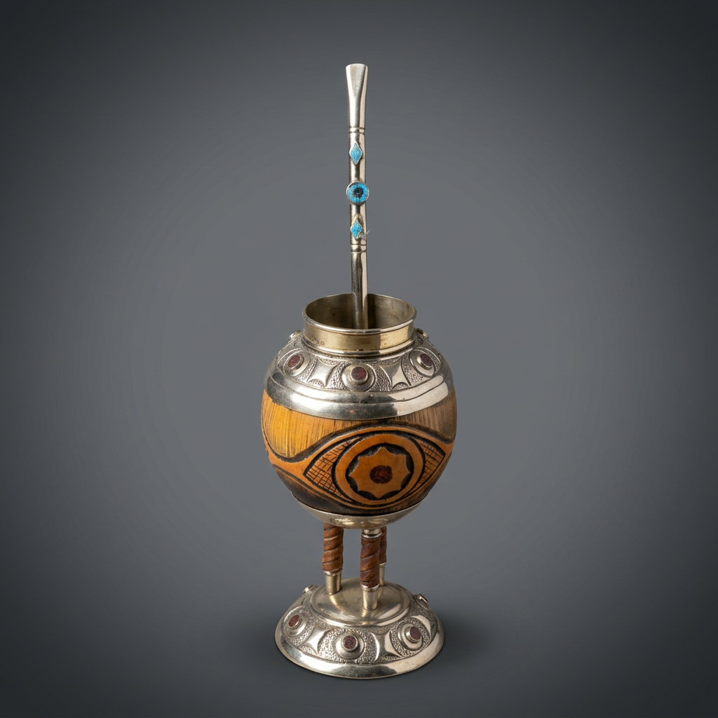 Argentine silver-mounted mate cup with hand-carved calabash gourd and turquoise-accented bombilla straw