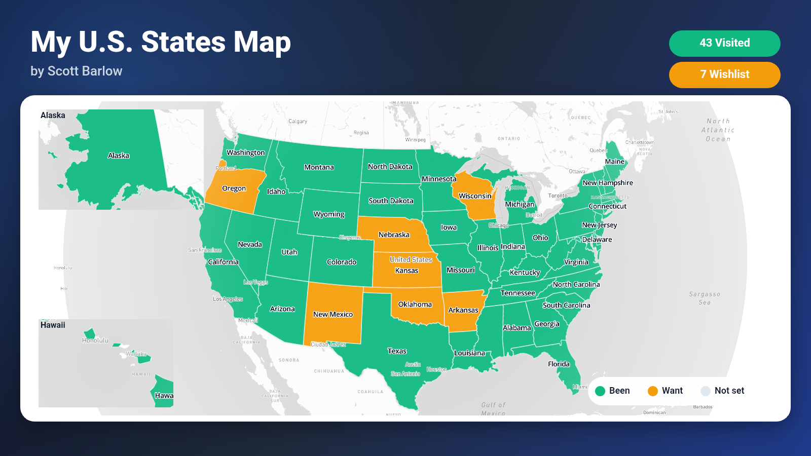 Map of the United States showing 43 visited states in green and 7 wishlist states in orange