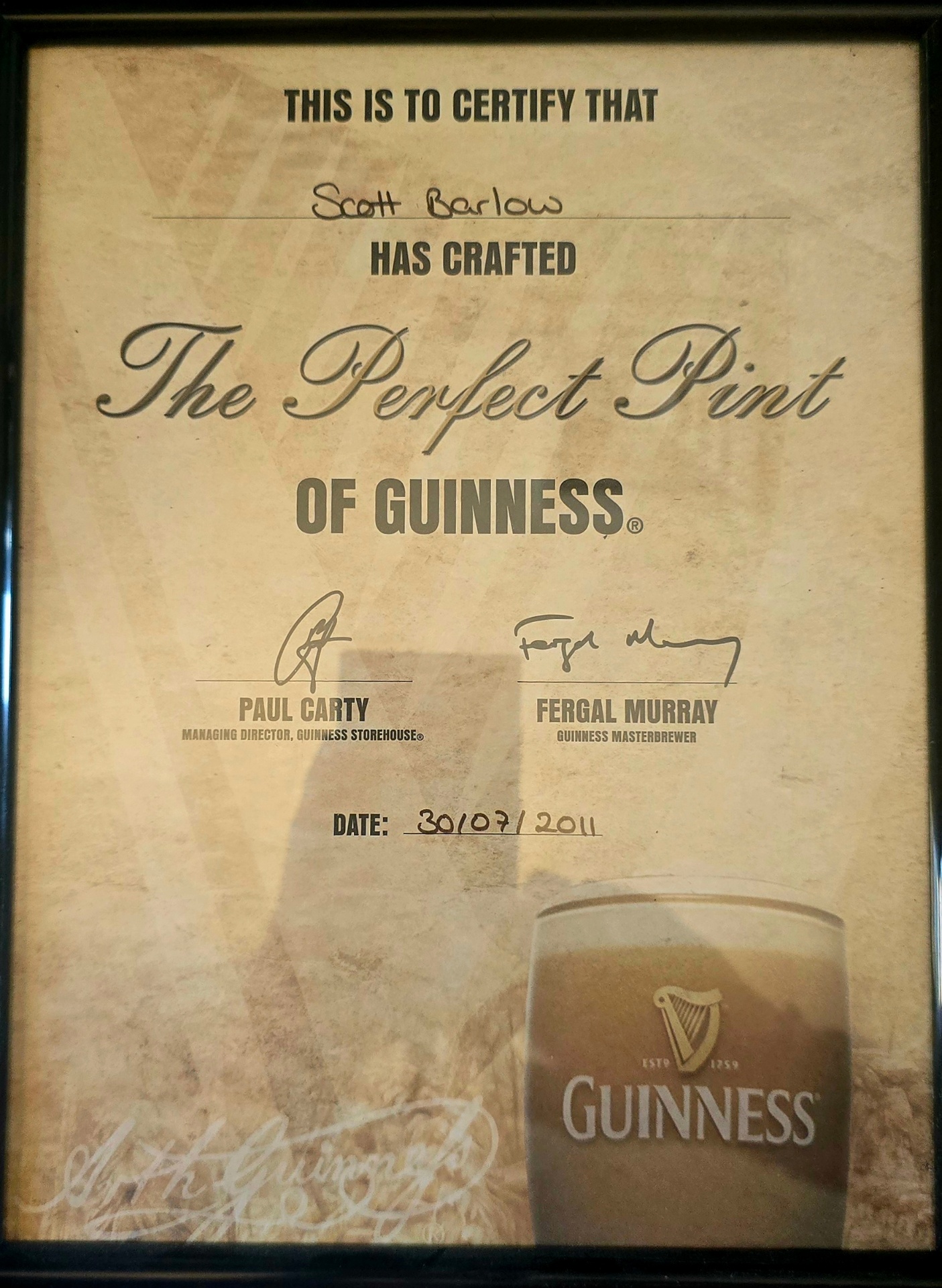 Guinness Perfect Pint certificate signed by Paul Carty and Fergal Murray