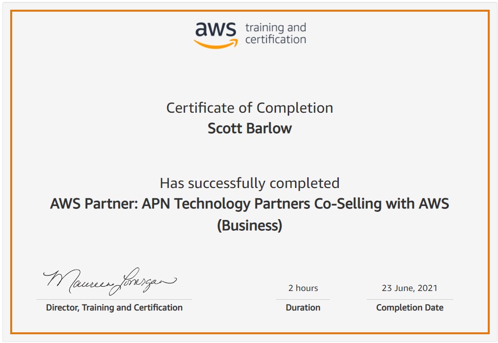 AWS Partner APN Technology Partners Co-Selling with AWS (Business) certificate awarded to Scott Barlow