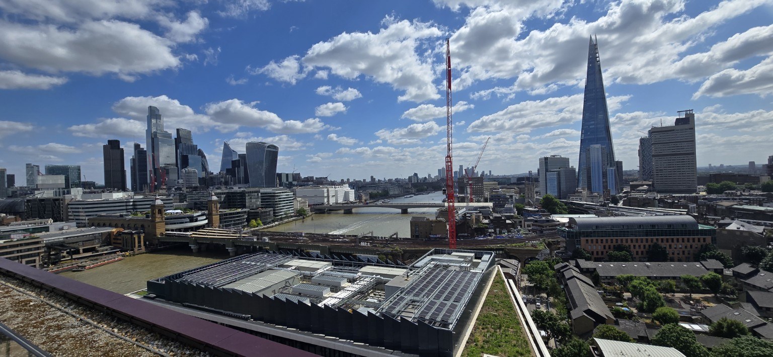 London skyline from above the Thames, with The Shard and the City of London
