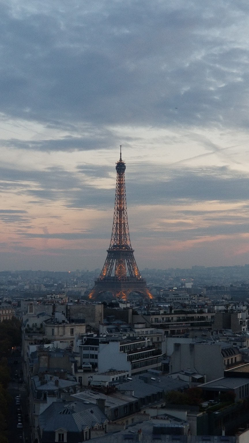 The Eiffel Tower from above at dusk
