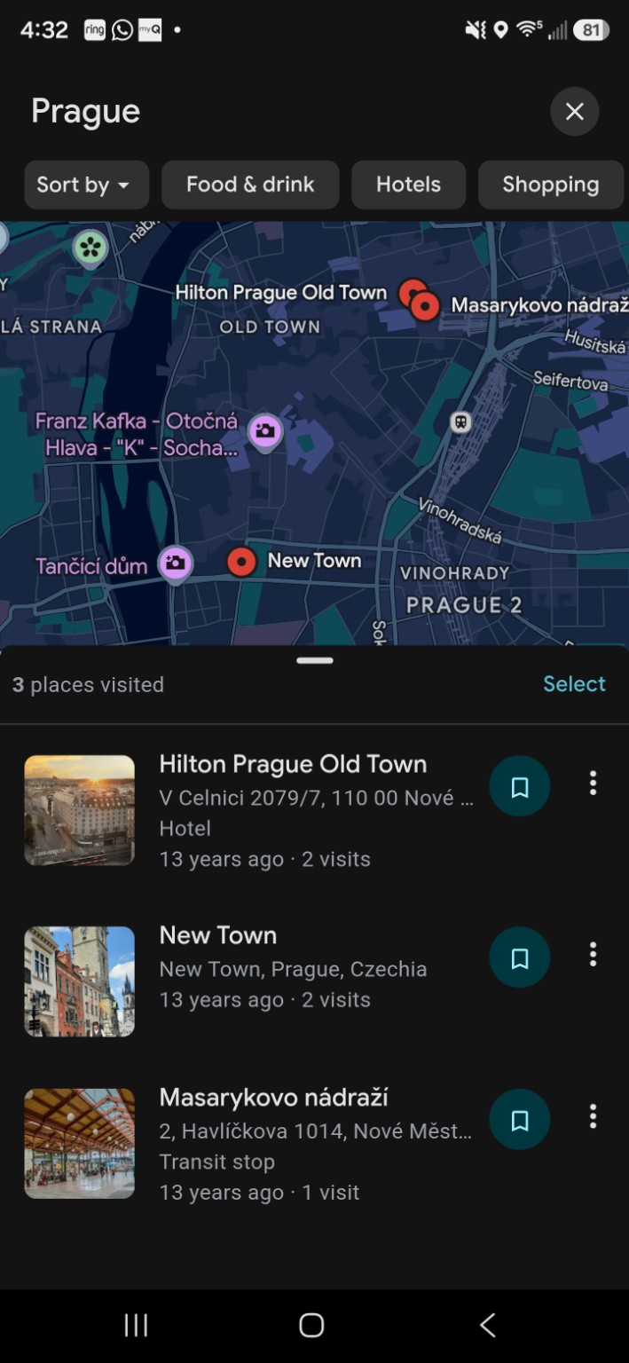Google Timeline screenshot showing Hilton Prague Old Town, New Town, and Masarykovo nádraží in Prague