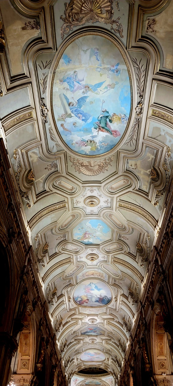 Ornate painted ceiling inside the Metropolitan Cathedral of Santiago