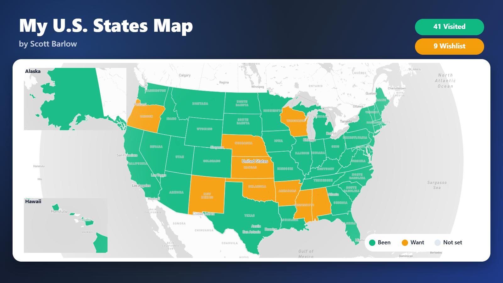Map of the United States showing 41 visited states in green and 9 wishlist states in orange